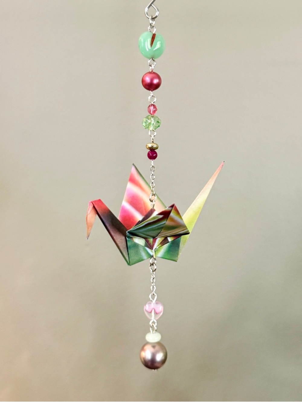 Origami Ornament #2490 - Medium Crane with Repurposed Beads